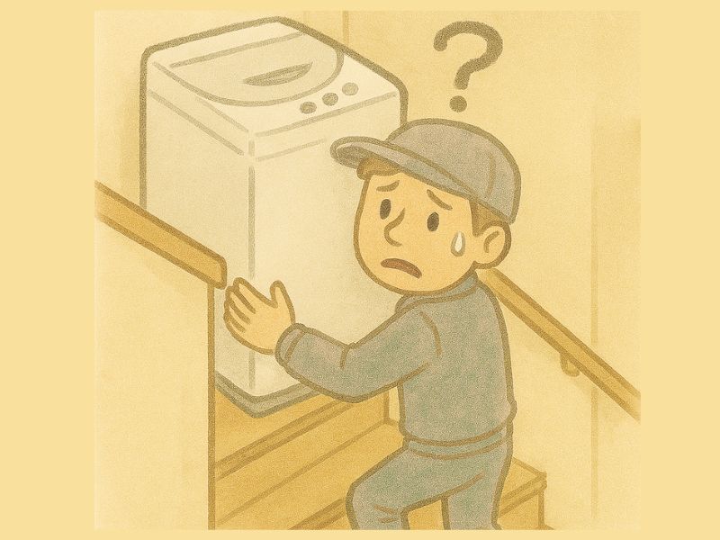 L字階段で洗濯機を搬入できずに、困っている業者さんのイラスト