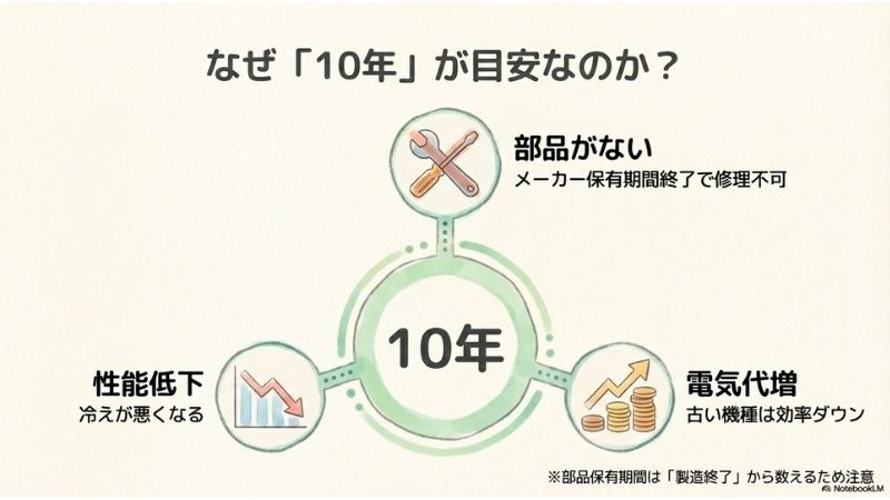 エアコン買い替え、なぜ10年が目安なのか?部品がない・性能低下・電気代増