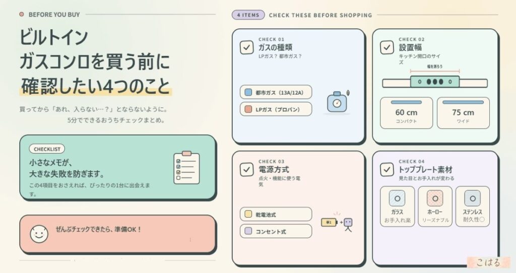 ビルトインガスコンロを買う前に確認したい4つのこと（ガスの種類・設置幅・電源方式・トッププレート素材）