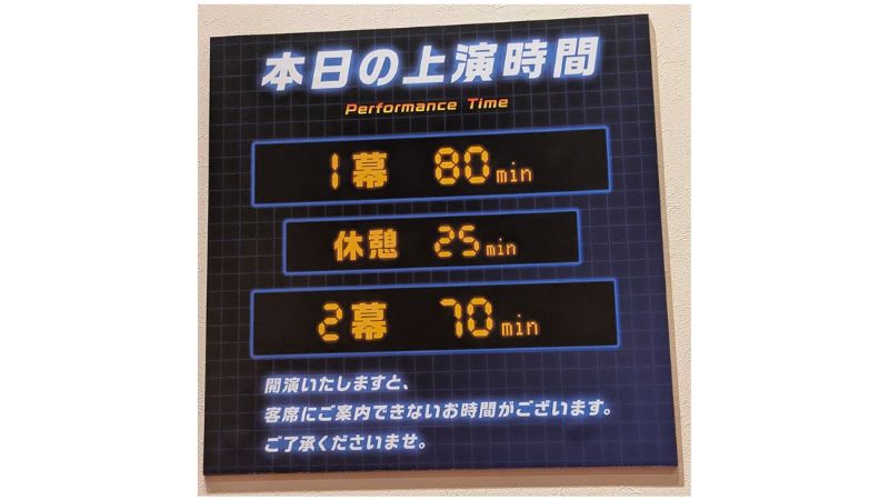 バック・トゥ・ザ・フューチャーの上演時間案内板(1幕80分・休憩25分・2幕70分)